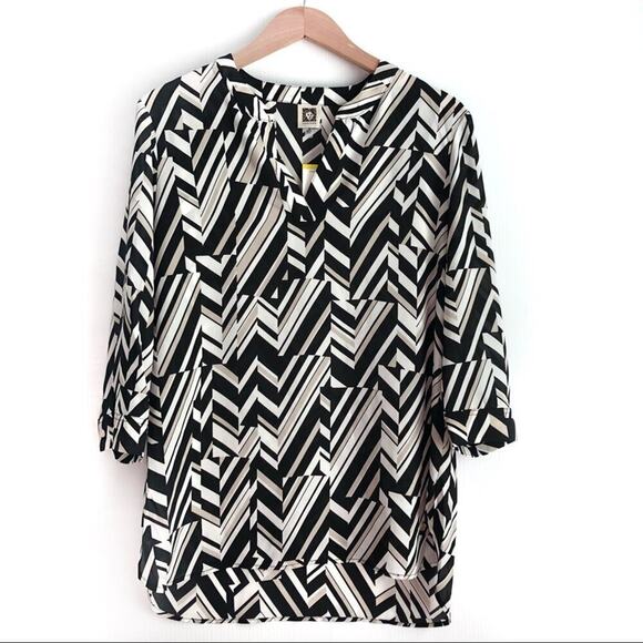 NWT Ann Klein geometric patterned blouse top oyster shell multi sheer small - Picture 1 of 9